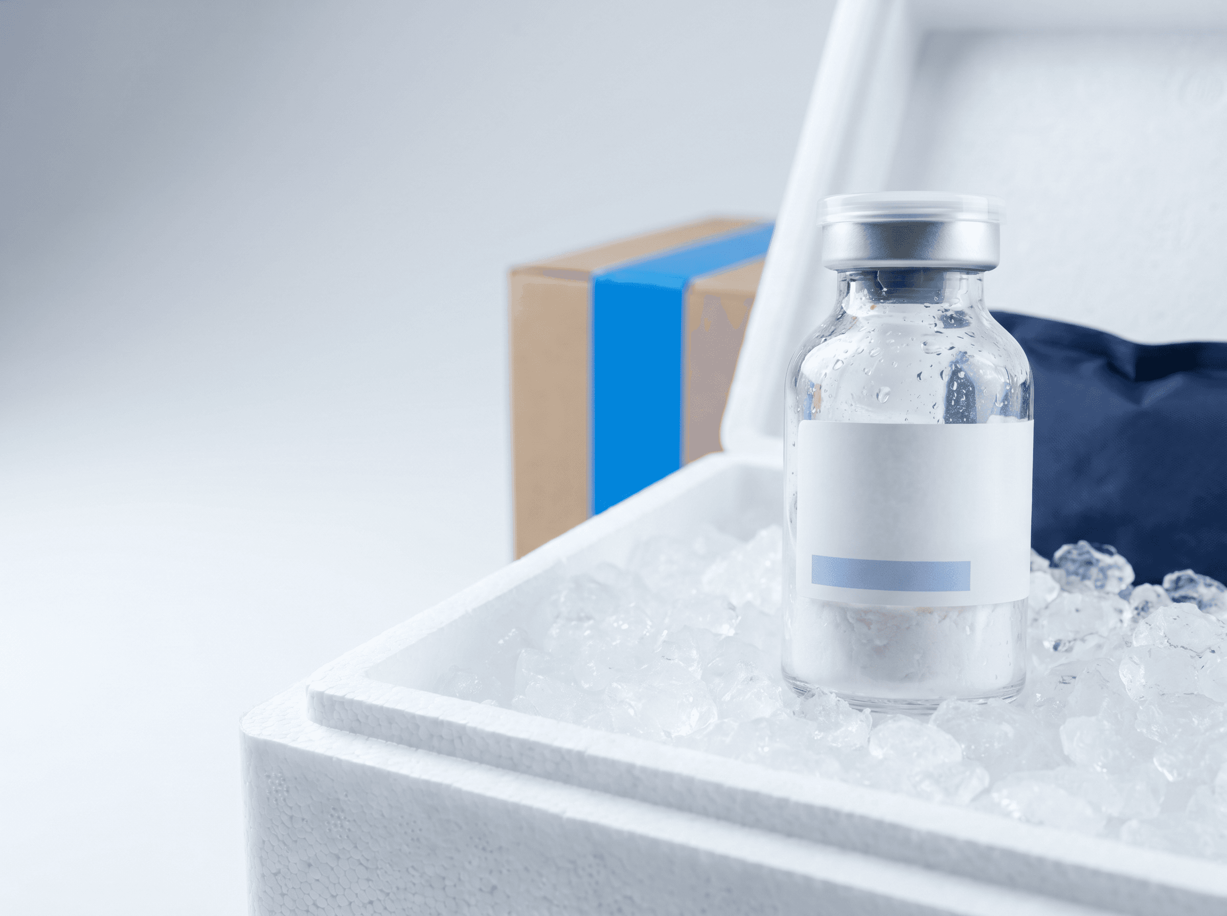 Research peptide vial cold-shipped on ice in insulated packaging